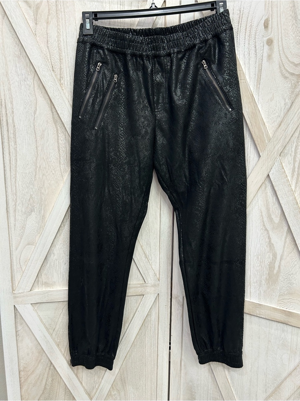 Fate Black Snakeskin Textured Jogger Pants with Zip Pockets
